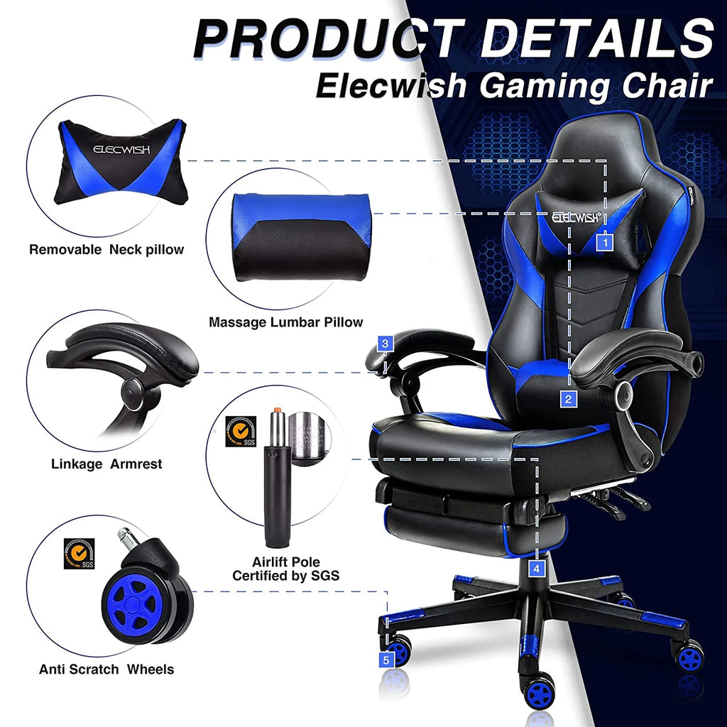 Blue PU Leather Reclining Gaming Chair with Footrest and Massage Lumbar Pillow M7495