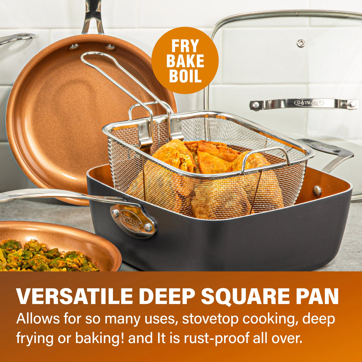 6 Quart Nonstick Copper Casserole Chef’s Pan & Stock Pot 4 Piece Set with Frying Basket and Steamer Tray Q458211