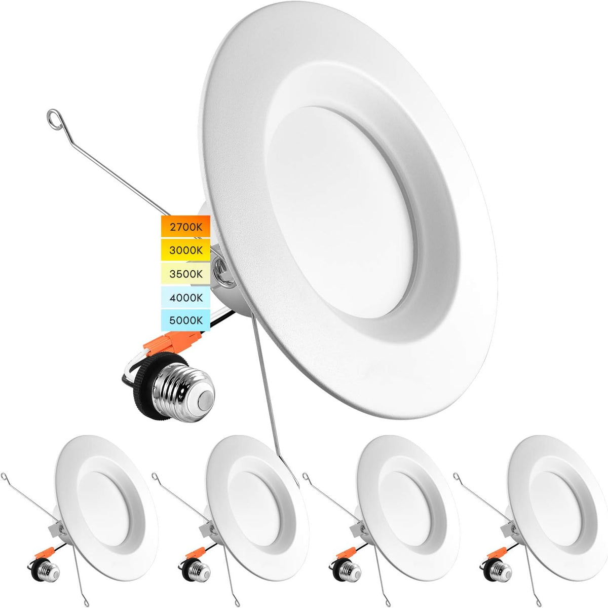 5/6 Inch LED Recessed Retrofit Downlight, 14W=90W, CCT Color Selectable, Dimmable, 1100 Lumens, Wet Rated, Smooth Trim (4 Pack) J24710