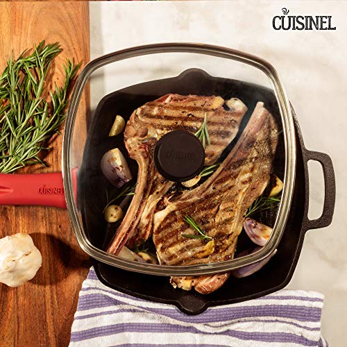 10.5" Pre-Seasoned Cast Iron Square Grill Pan with Glass Lid Y53356