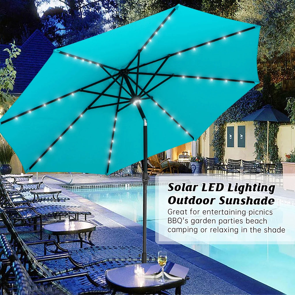 10 ft Solar Patio Umbrella with 40 LED Lights, Steel Tilt Crank, Blue C220393