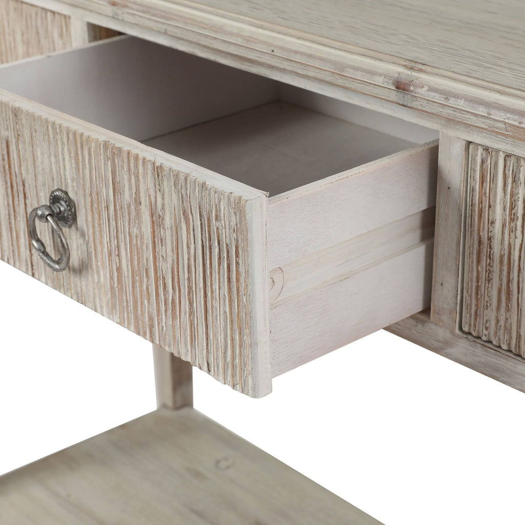 White Washed Wood Three Drawer Console Table B385490