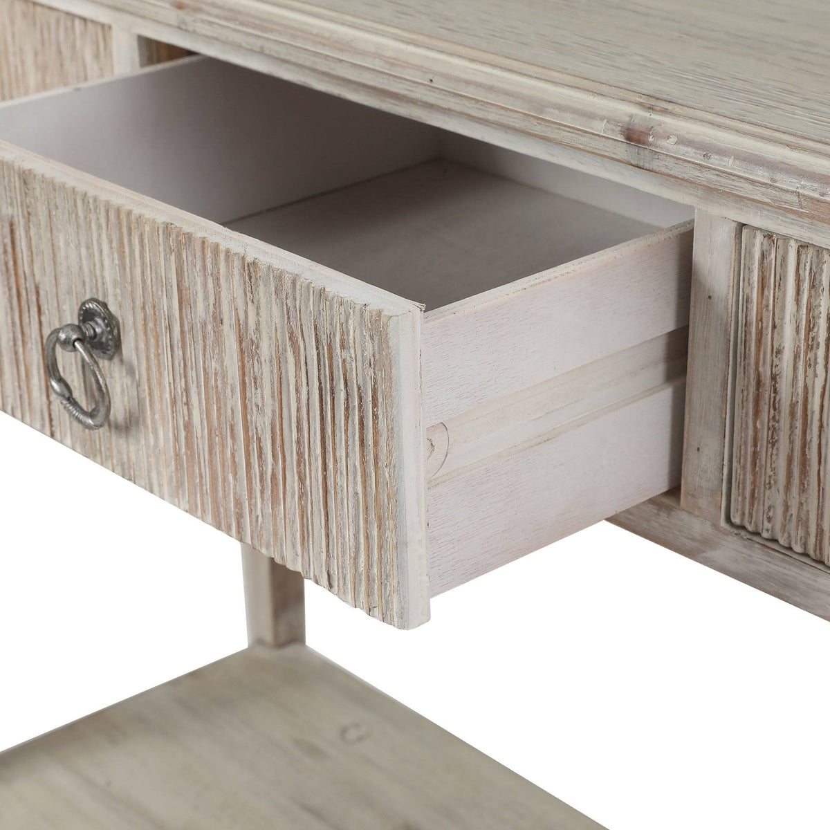 White Washed Wood Three Drawer Console Table B385490