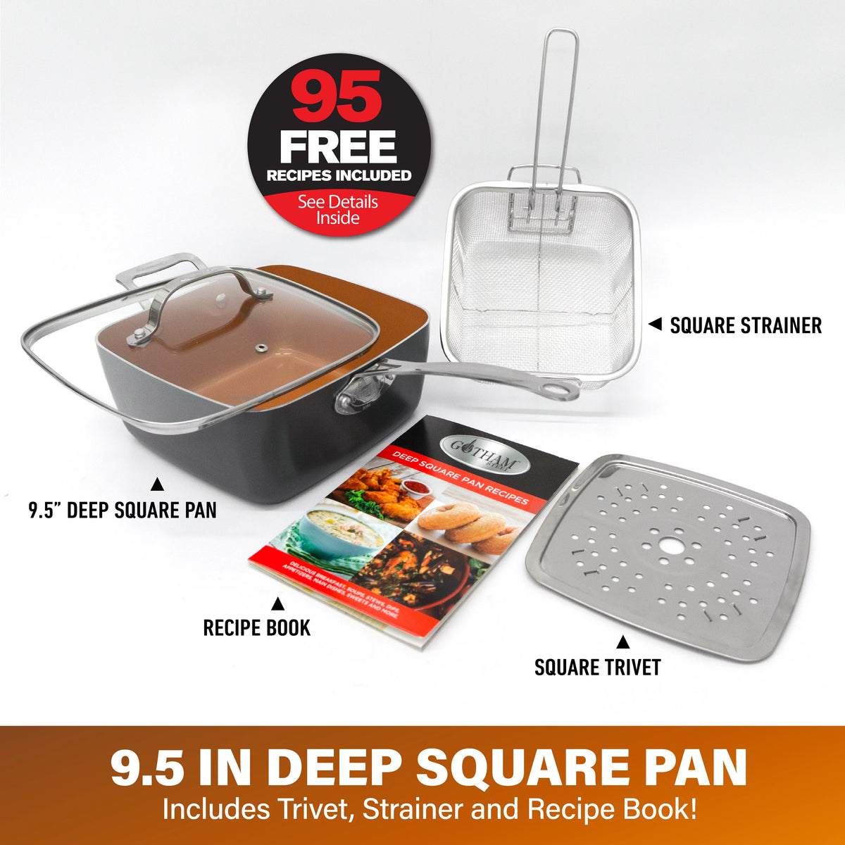 6 Quart Nonstick Copper Casserole Chef’s Pan & Stock Pot 4 Piece Set with Frying Basket and Steamer Tray Q458211