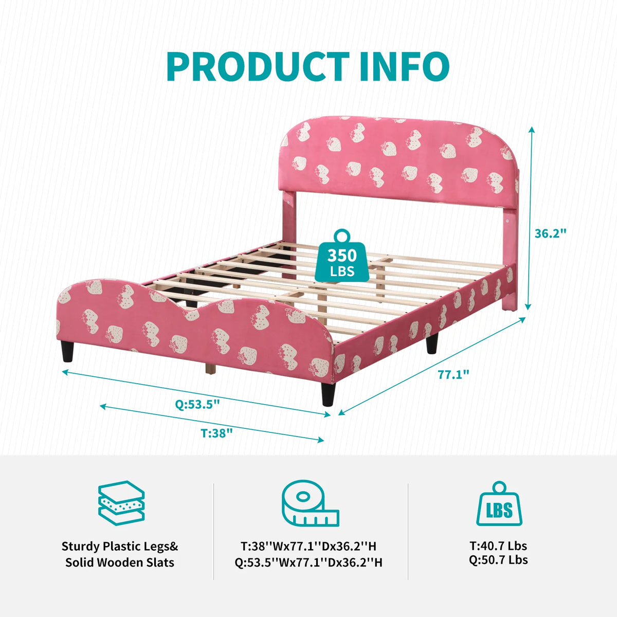 Pink Kids Twin Bed Frame with Upholstered Headboard and Footboard D483559