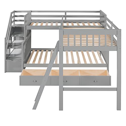 Gray Wooden Triple Bunk Bed with Storage Drawers U8664