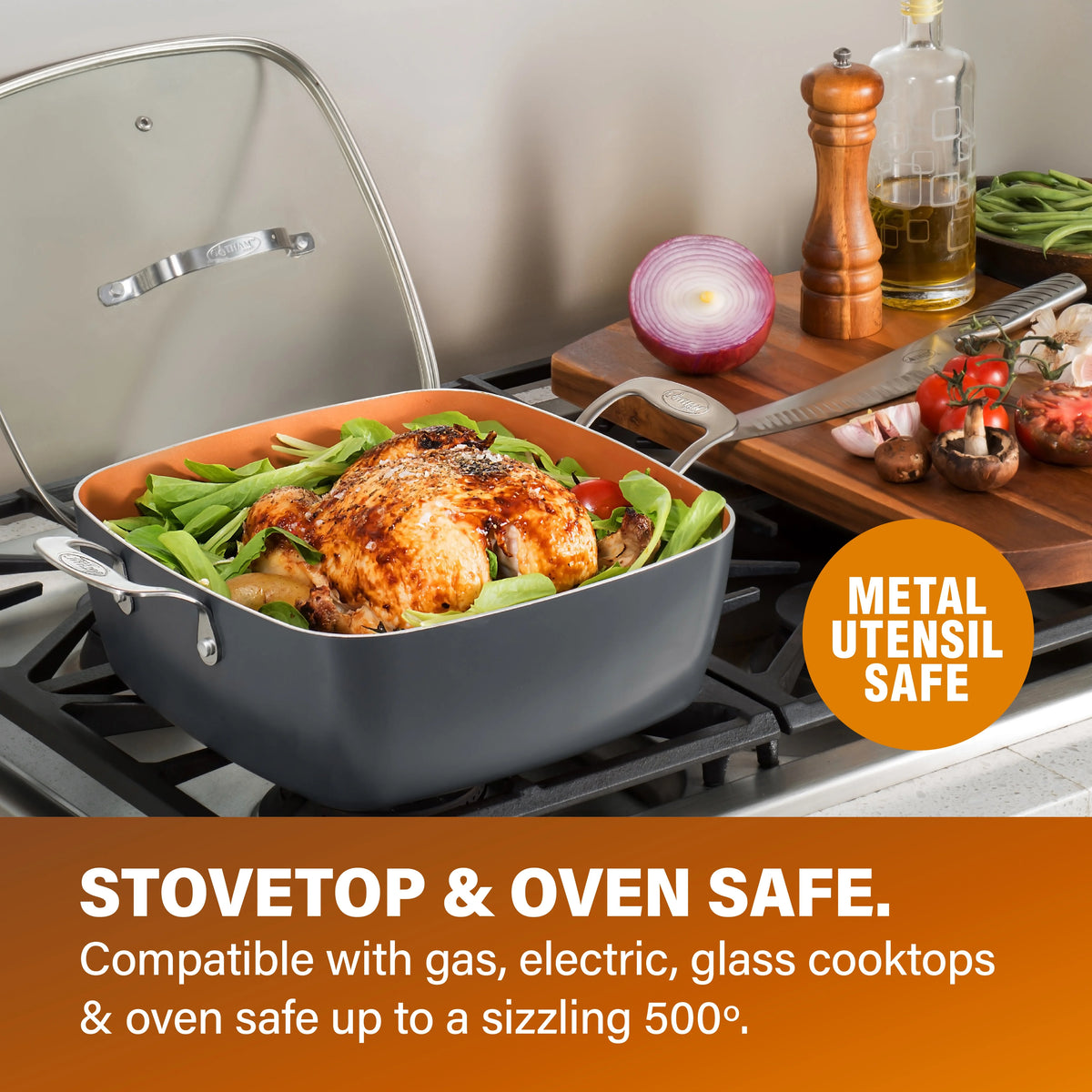 6 Quart Nonstick Copper Casserole Chef’s Pan & Stock Pot 4 Piece Set with Frying Basket and Steamer Tray Q458211