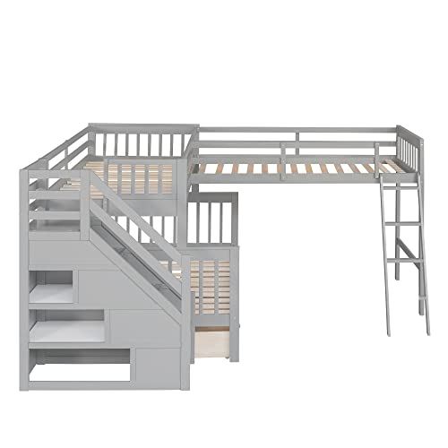 Gray Wooden Triple Bunk Bed with Storage Drawers U8664