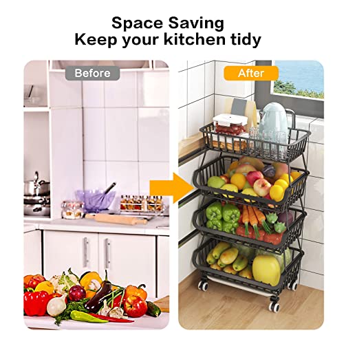 Black Metal Wire 4 Tier Stackable Fruit Vegetable Storage Cart with Wheels N486