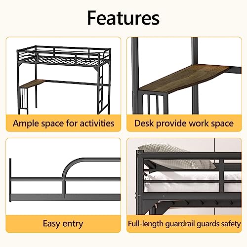 Black Metal Loft Bed Twin Size with Desk and Ladder K1381