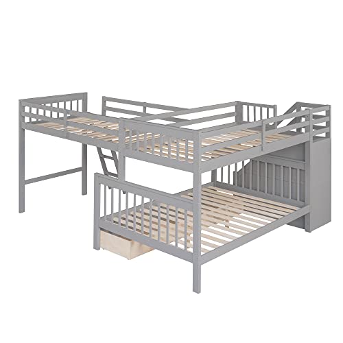 Gray Wooden Triple Bunk Bed with Storage Drawers U8664