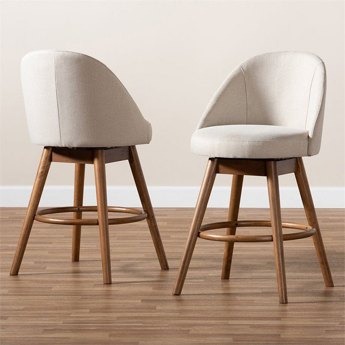 Mid Century Upholstered Swivel Counter Stool in Walnut (Set of 2) U136758