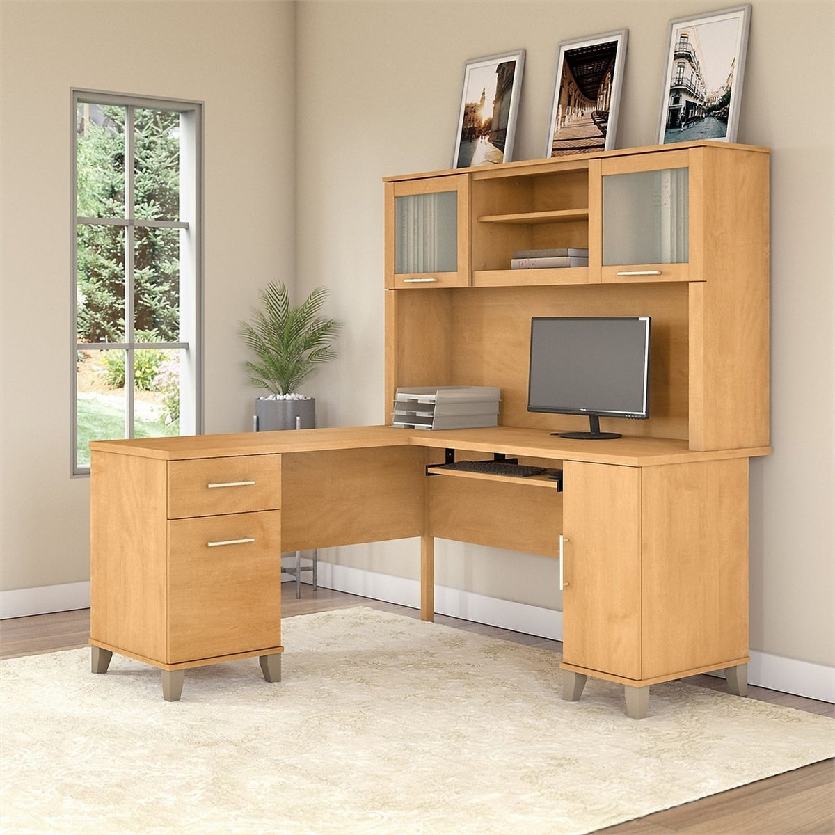 60" Transitional Wood L Shaped Desk with Hutch B68916