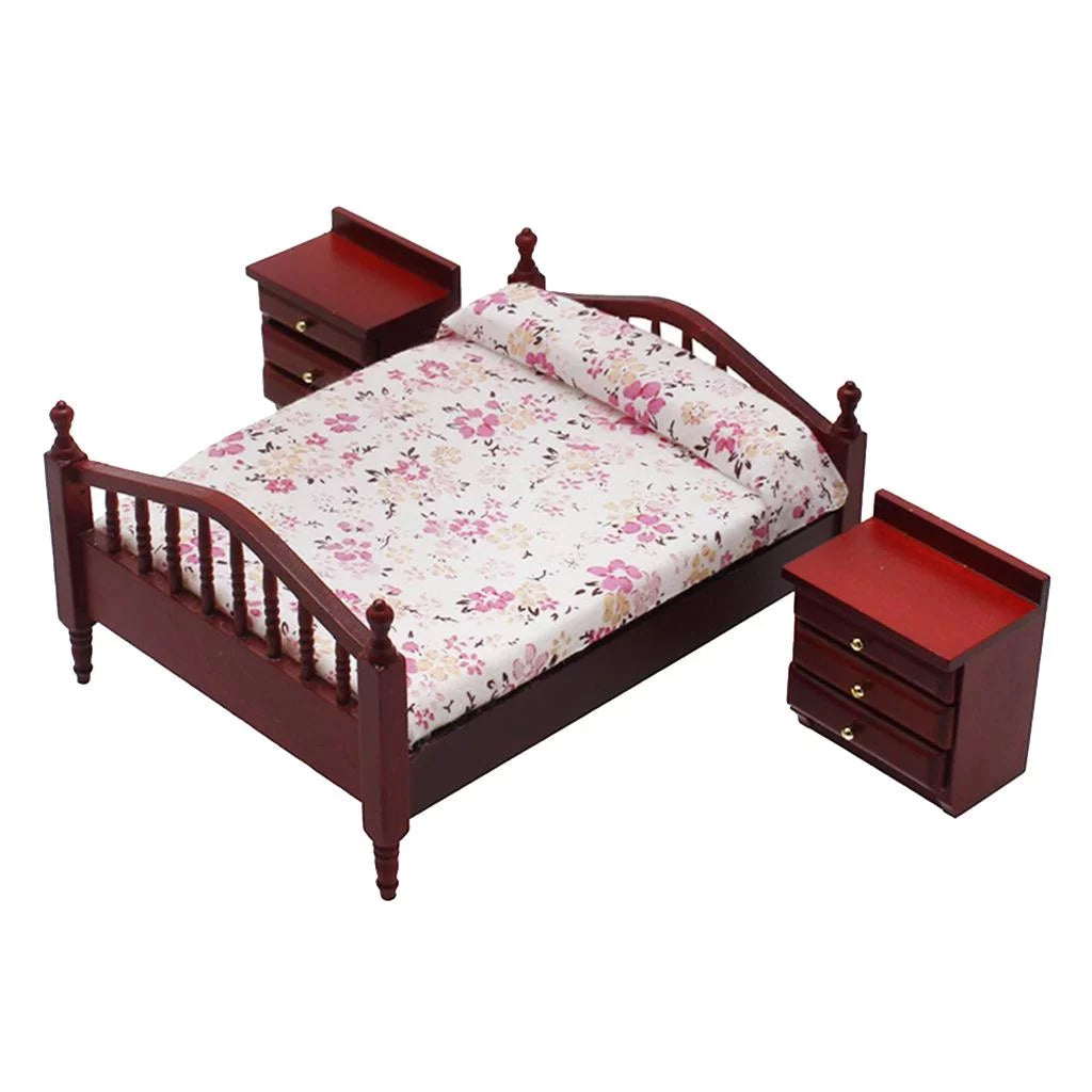 1/12 Scale Miniature Dollhouse Furniture Bed Night Table Brown Set O877036