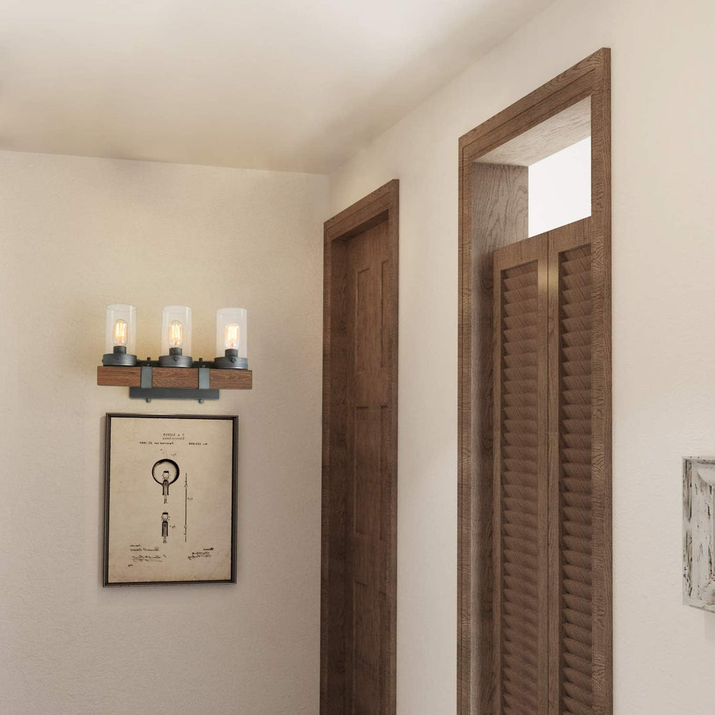 Farmhouse Rustic Bathroom Vanity Light, Wall Light Fixture 3 Lights in Wood and Cylindrical Bubbled Glass J350