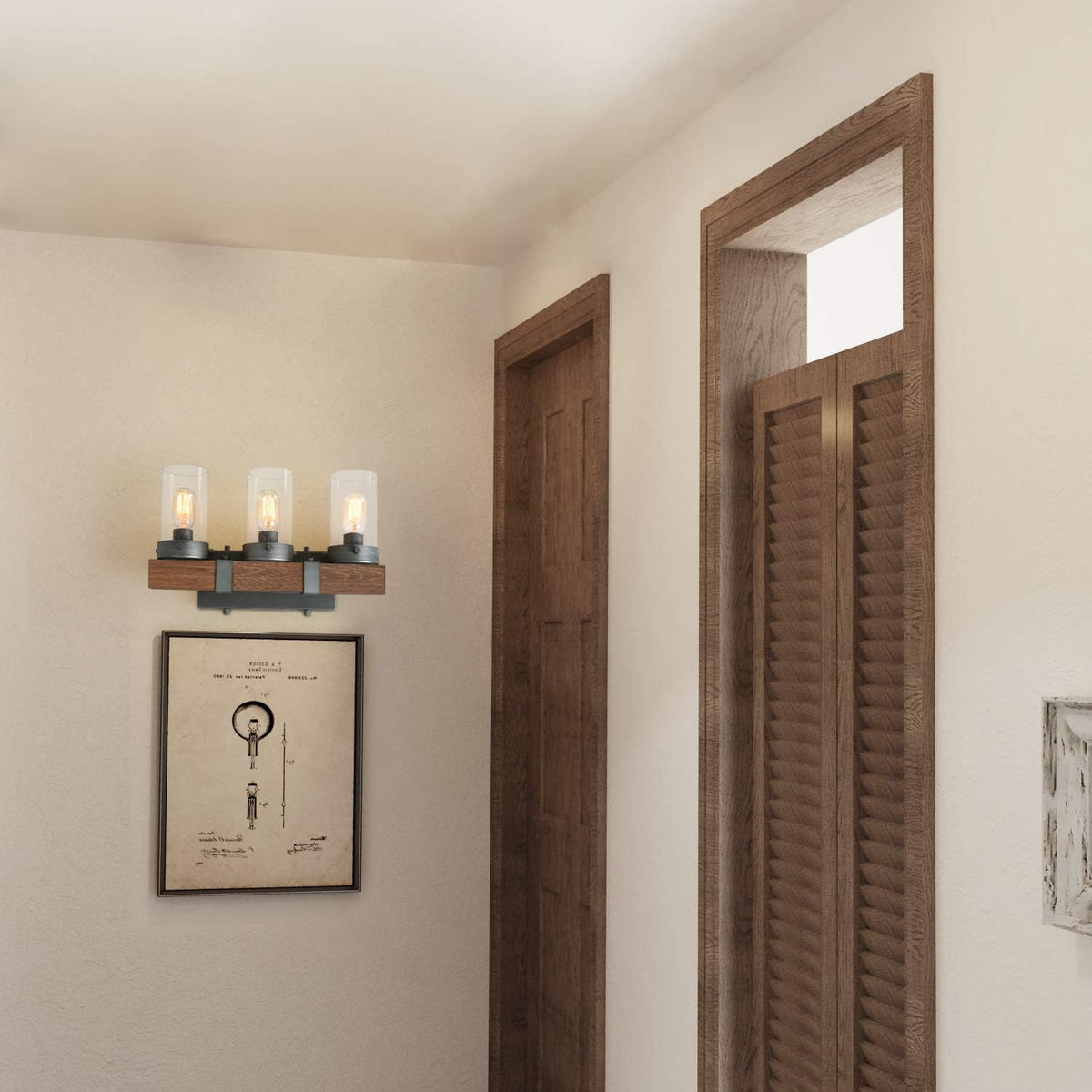 Farmhouse Rustic Bathroom Vanity Light, Wall Light Fixture 3 Lights in Wood and Cylindrical Bubbled Glass J350