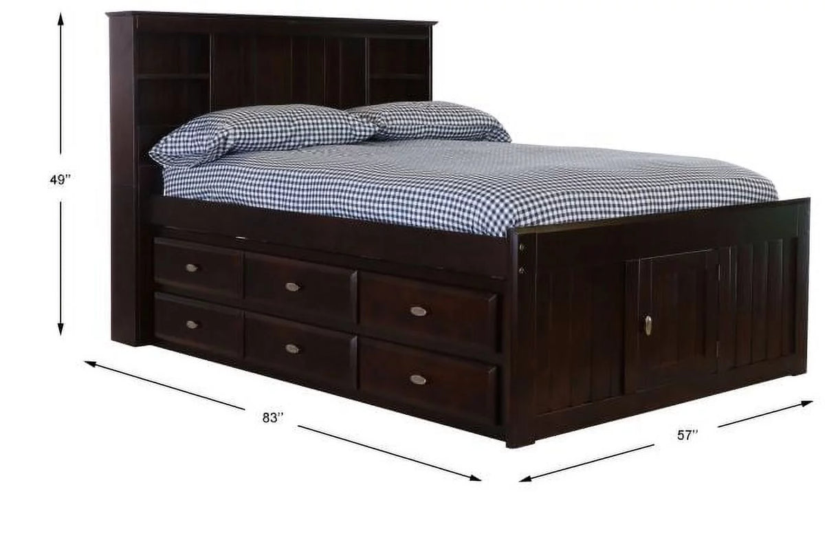 Full Size Bed Frame with Headboard Bookcase & 12 Drawers, Espresso A145739