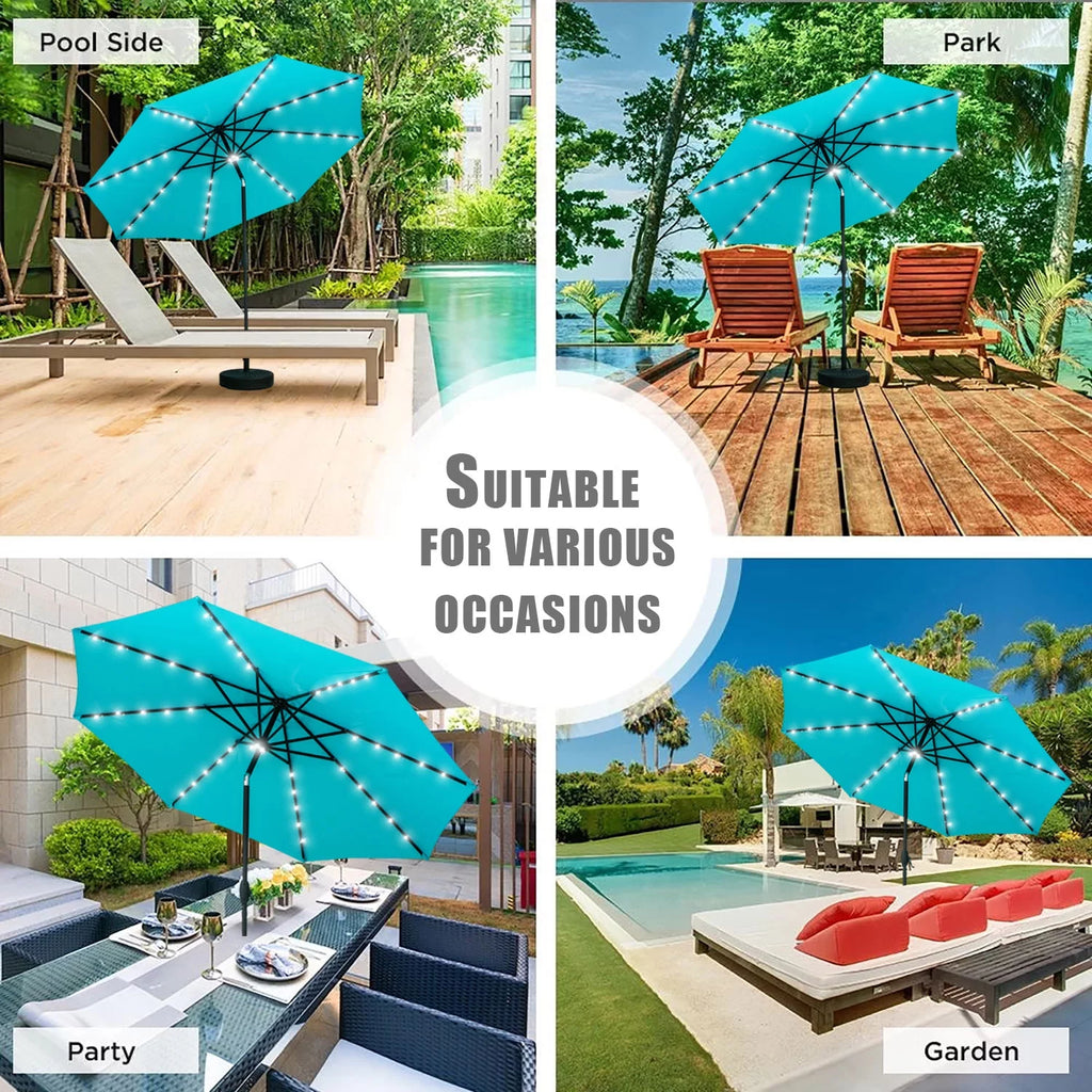10 ft Solar Patio Umbrella with 40 LED Lights, Steel Tilt Crank, Blue C220393