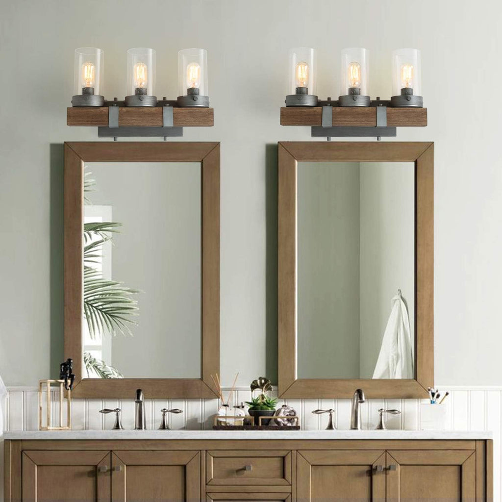 Farmhouse Rustic Bathroom Vanity Light, Wall Light Fixture 3 Lights in Wood and Cylindrical Bubbled Glass J350