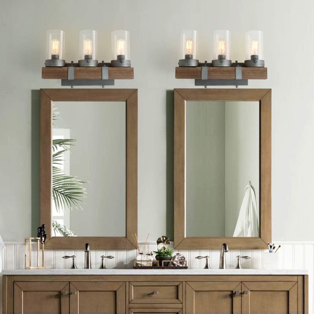 Farmhouse Rustic Bathroom Vanity Light, Wall Light Fixture 3 Lights in Wood and Cylindrical Bubbled Glass J350