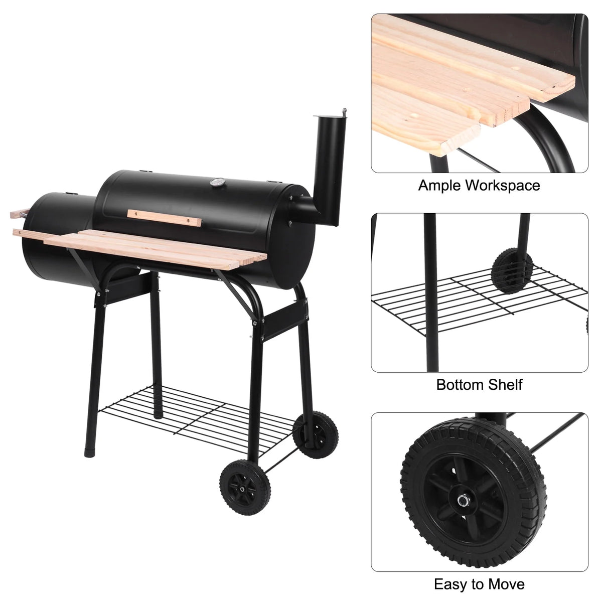 Charcoal Grill Portable BBQ Grill and Offset Smoker Steel BBQ Pit Black A4788