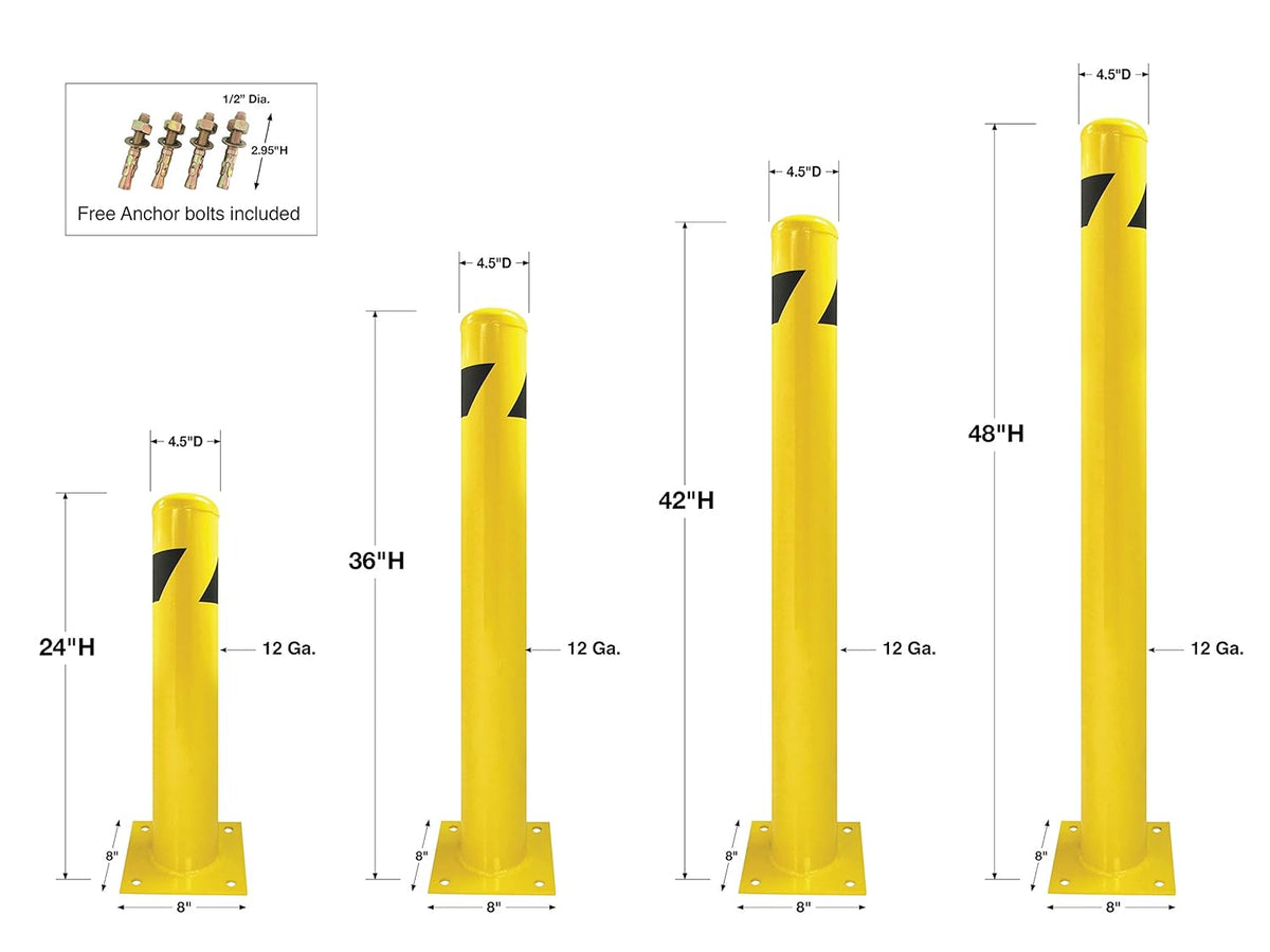 Steel Yellow Safety Barrier Bollard 24''Hx4.5''D, 12Ga, Base-8x8'', Pack of 2 H769