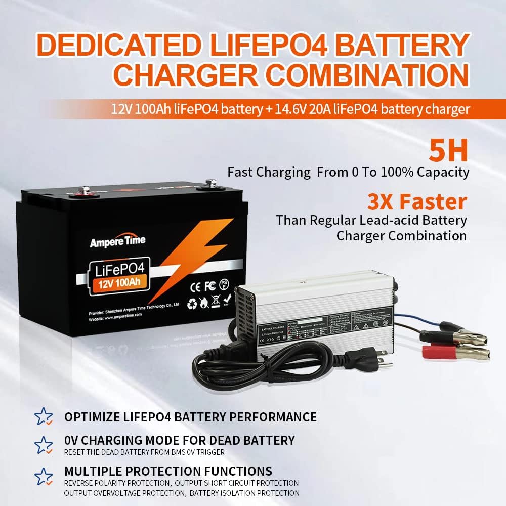 12V 100Ah LiFePO4 Battery with 14.6V 20A Lithium Battery Charger, 100A BMS W499290
