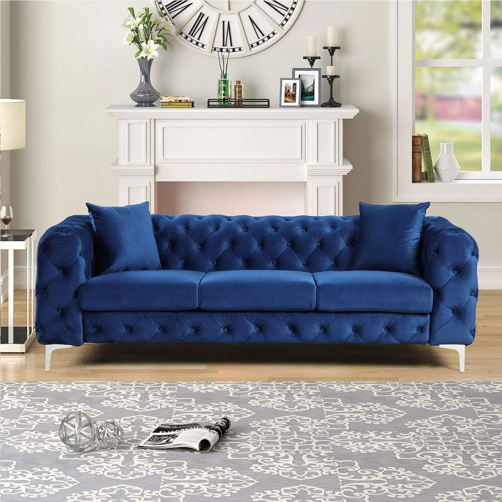 Blue Velvet Loveseat and Sofa Set with Solid Wood Frame and Iron Legs I9257