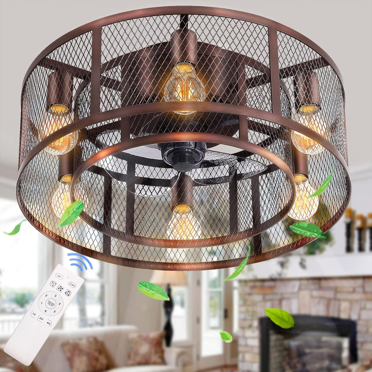 42'' Industrial Black Caged Flush Mount Ceiling Fan with Lights Remote Control J350