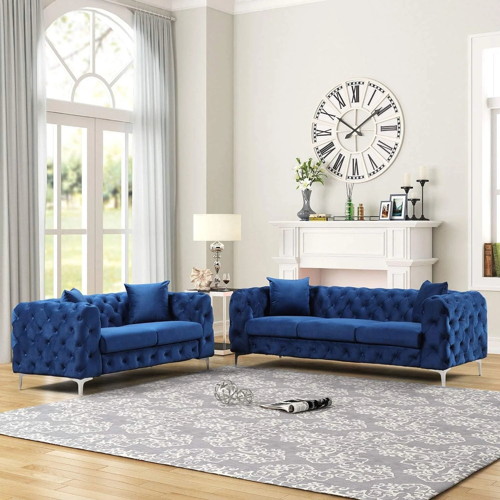 Blue Velvet Loveseat and Sofa Set with Solid Wood Frame and Iron Legs I9257