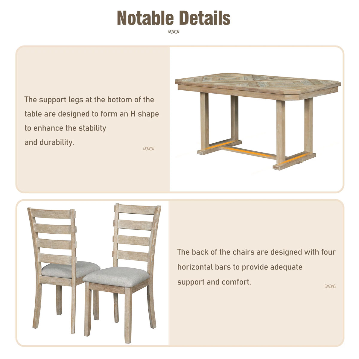6-Piece Rubber Wood Dining Table Set with 4 Cushion Chairs and Bench H4526