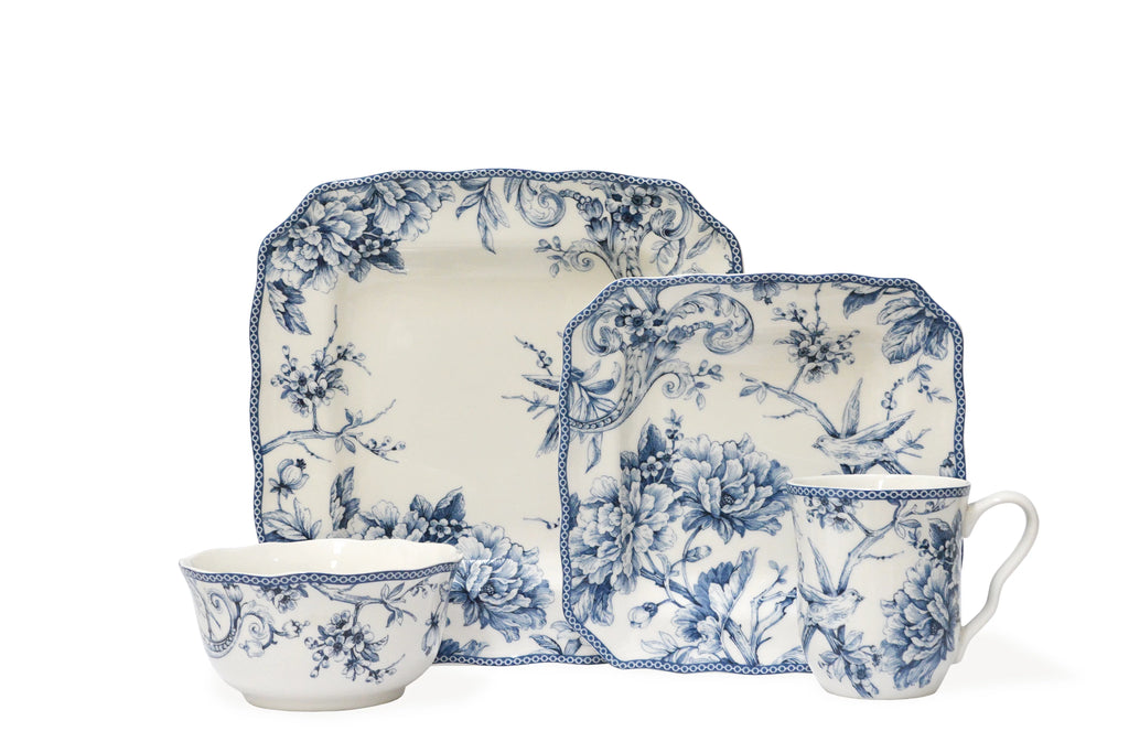 Square Porcelain Dinnerware Set, 16-piece, Blue Toile W937283