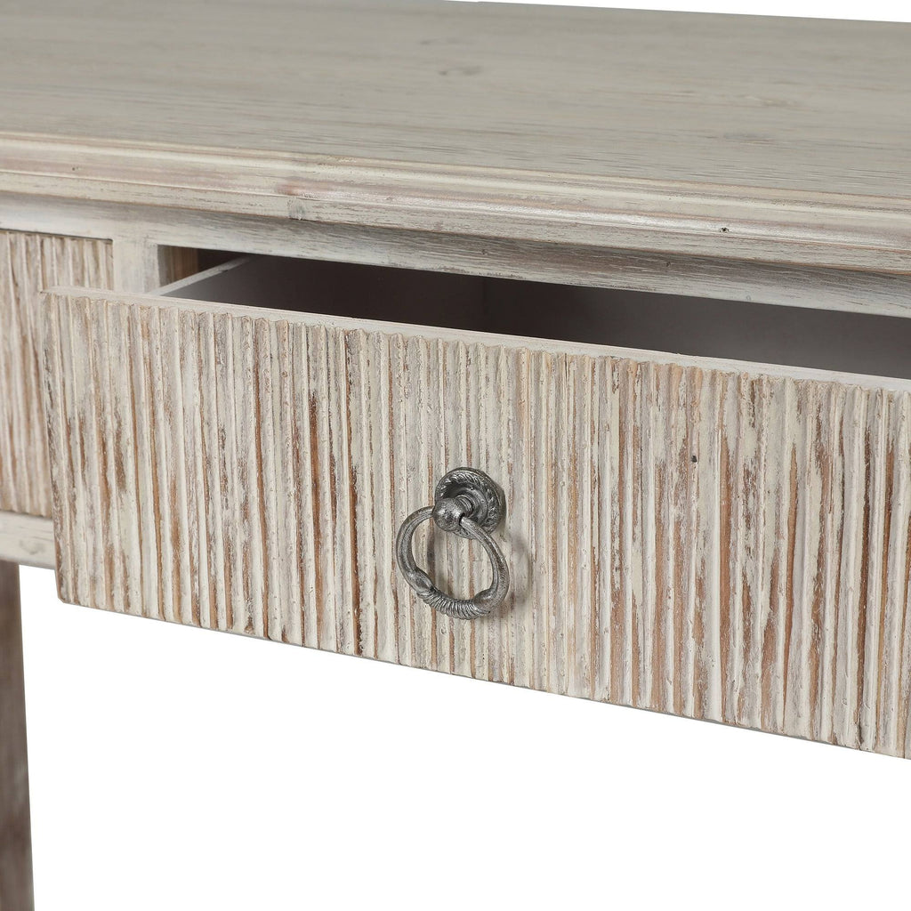 White Washed Wood Three Drawer Console Table B385490