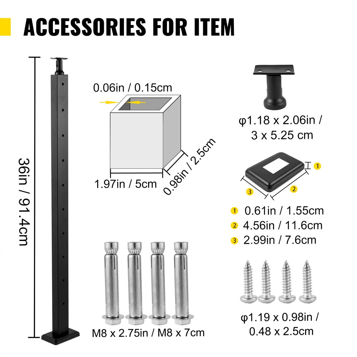 Cable Railing Post 36" Stainless Steel Black B83350