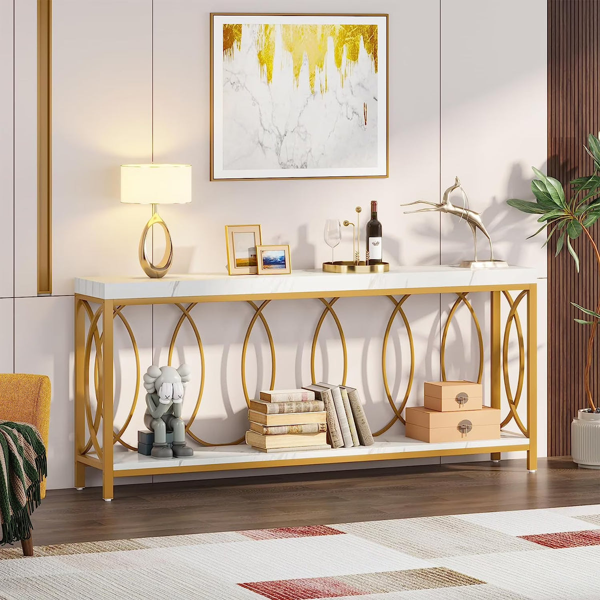 White Gold 2-Tier Faux Marble Console Table R892686