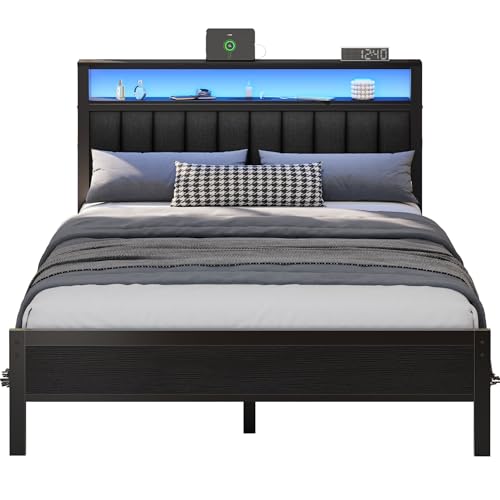 Full Size Bed Frame with Charging Station and LED Lights Z654