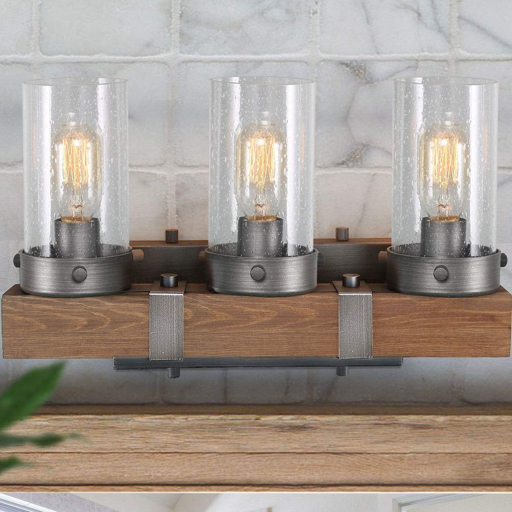 Farmhouse Rustic Bathroom Vanity Light, Wall Light Fixture 3 Lights in Wood and Cylindrical Bubbled Glass J350