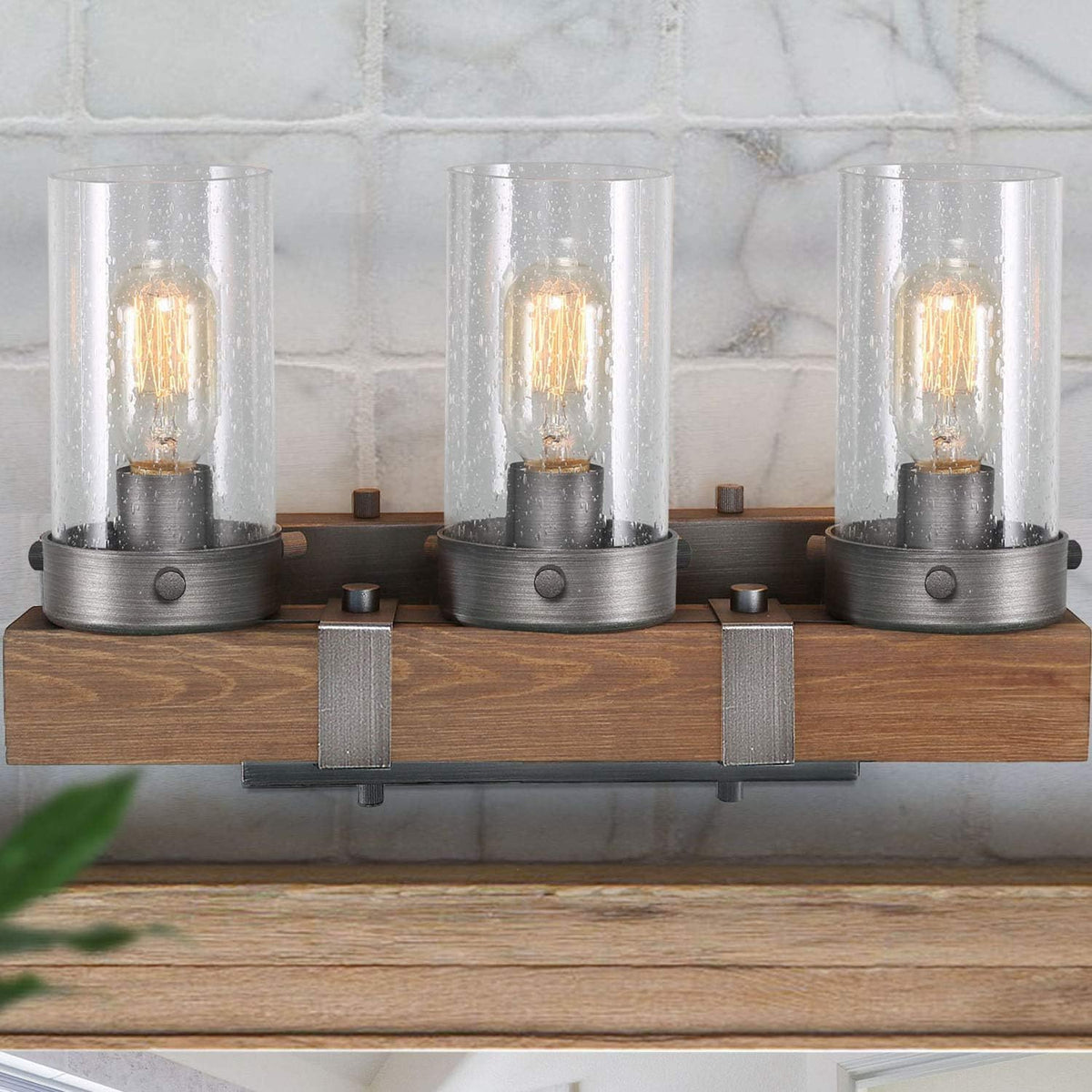 Farmhouse Rustic Bathroom Vanity Light, Wall Light Fixture 3 Lights in Wood and Cylindrical Bubbled Glass J350