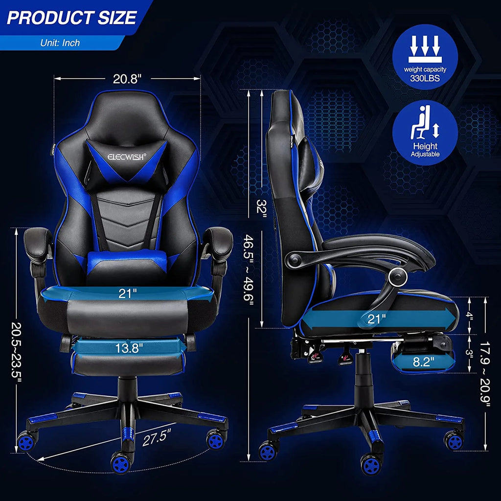 Blue PU Leather Reclining Gaming Chair with Footrest and Massage Lumbar Pillow M7495