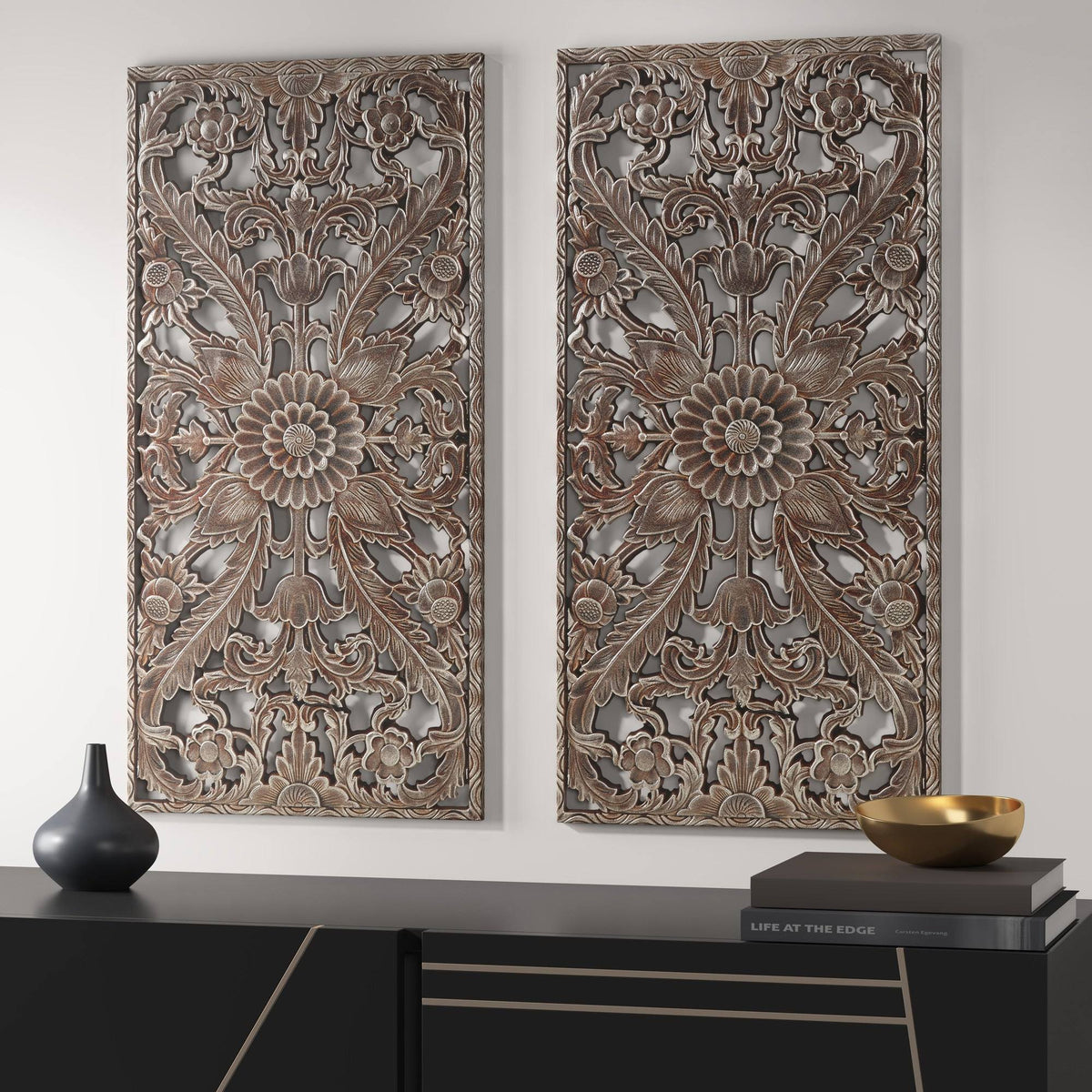 Antique Silver Botanical Panel Wall 2 Piece Set Q19815