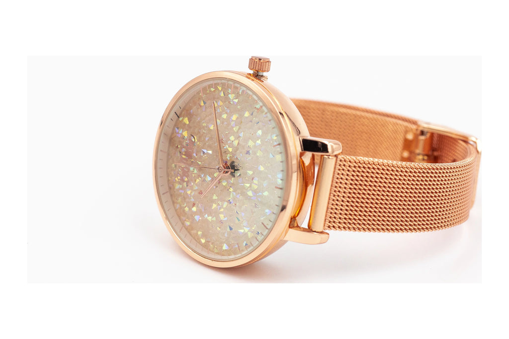 Women's Rose Gold Glitter-Dial Mesh Strap Watch Y58557