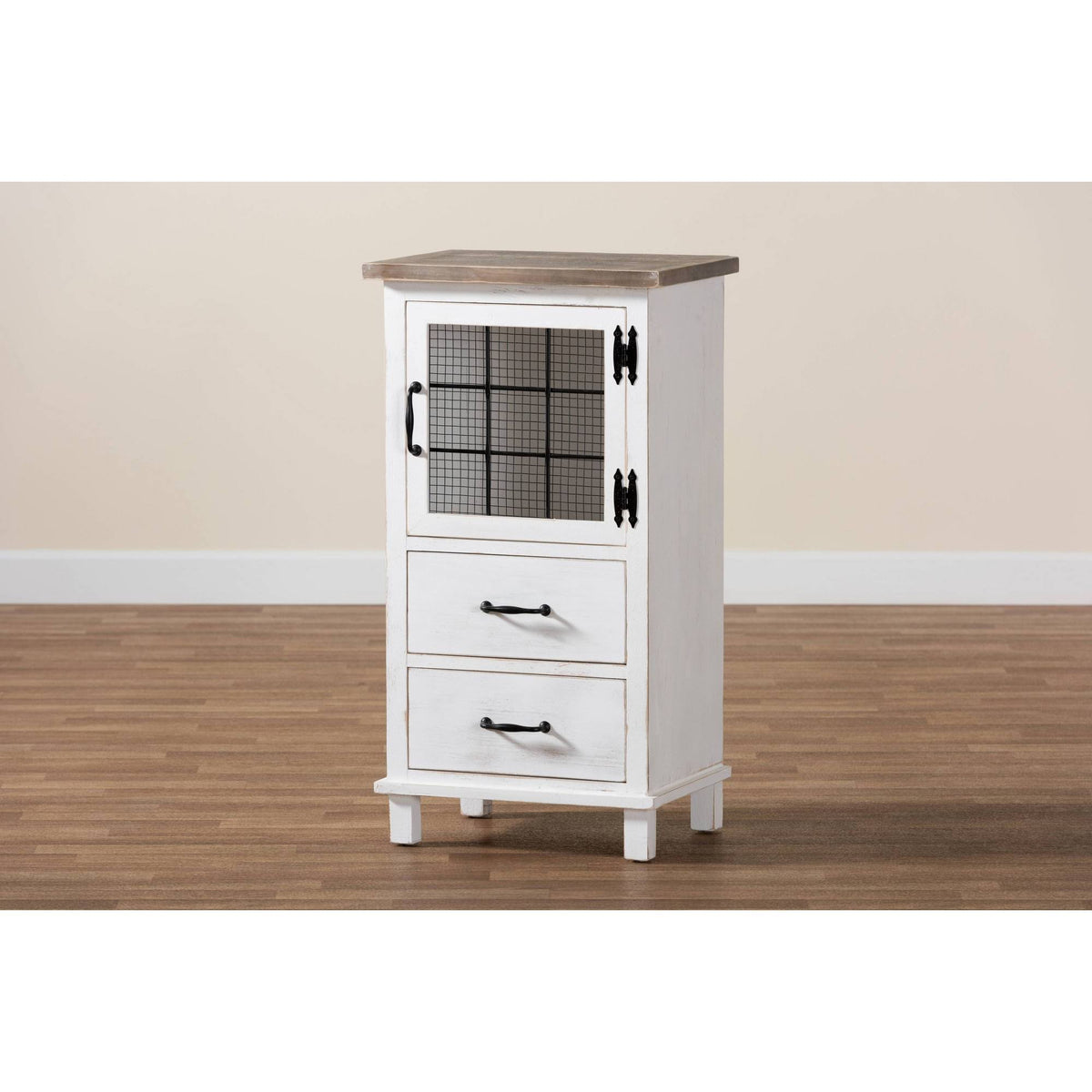 Two-Tone Distressed White and Oak Brown Wood 2-Drawer Storage Cabinet C225