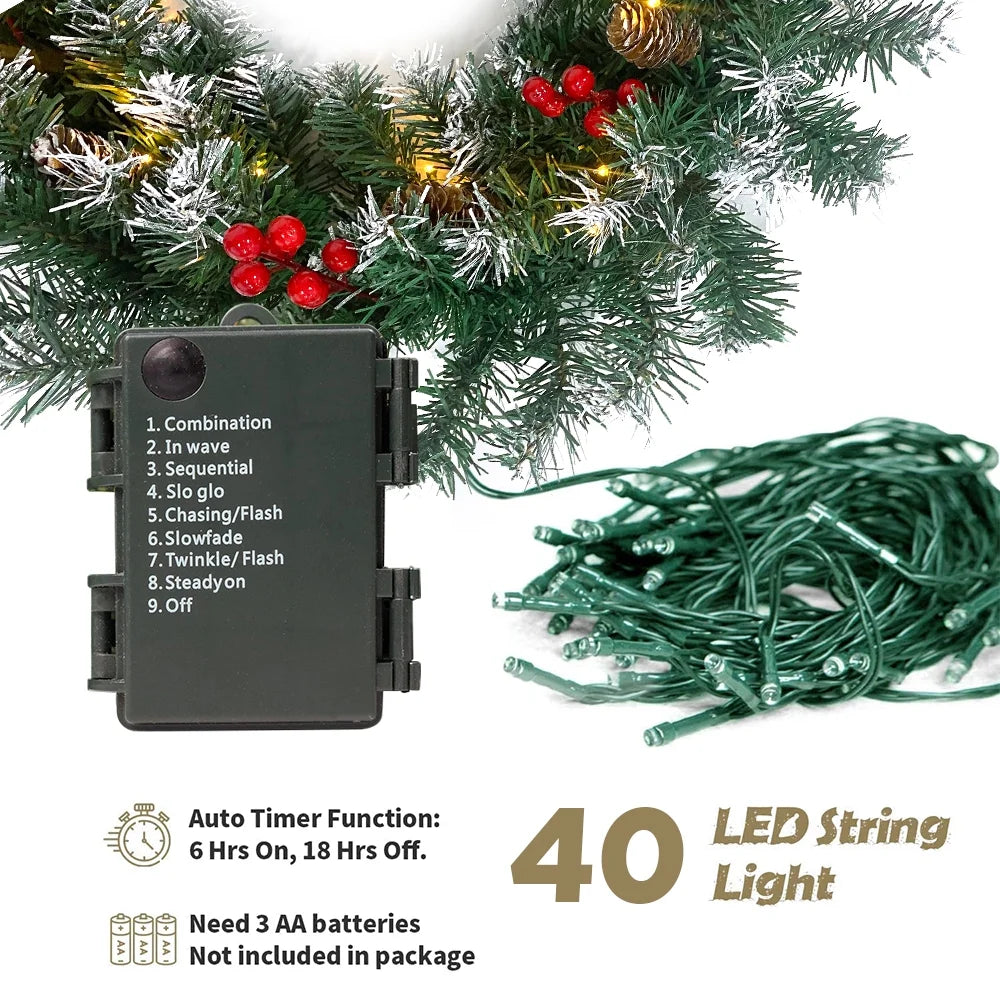 2 Pcs 6ft Pre-Lit Christmas Garland with 40 Waterproof LED Light and Pine Cones and Berries, Battery Operated A51037