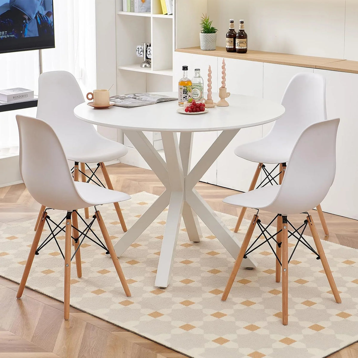 5 Piece White Round Dining Table Set L908