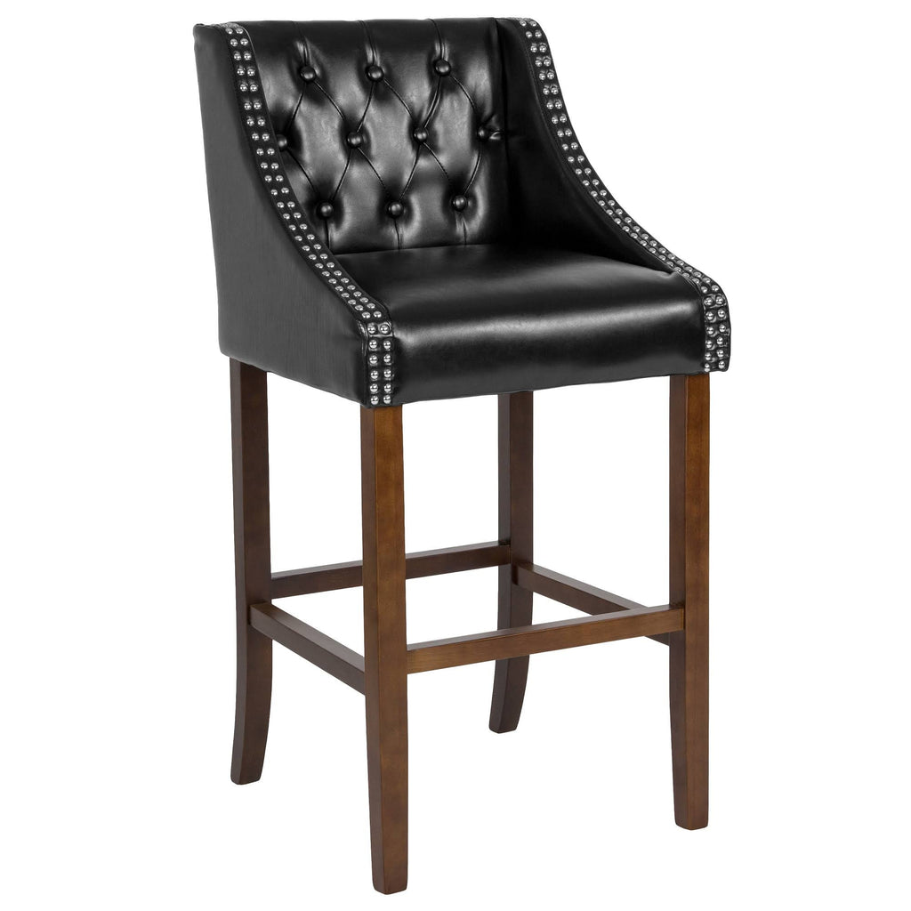 Black Leather Transitional Tufted Walnut Barstool K5093