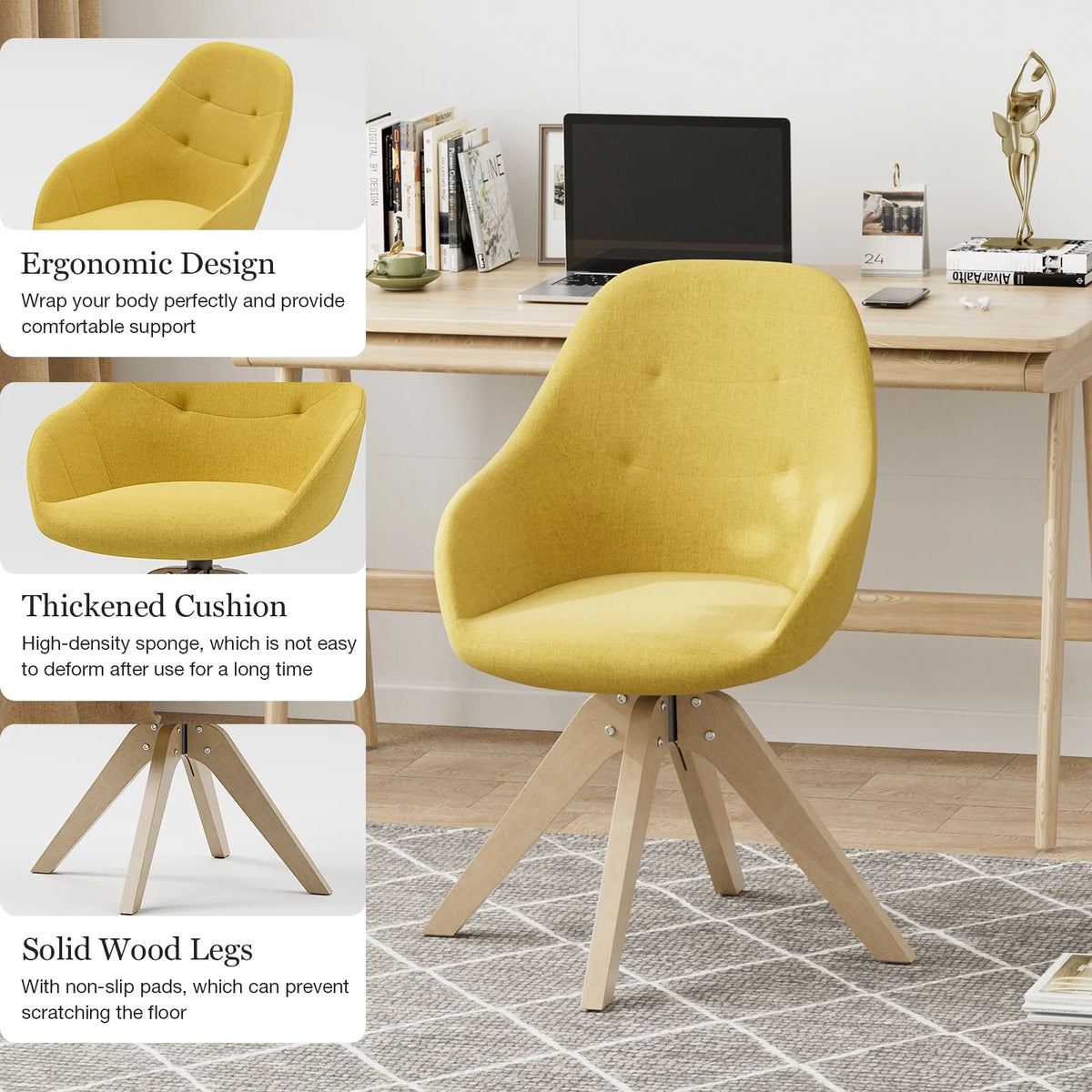 Yellow Upholstered Swivel Accent Chair with Solid Wood Legs I2840