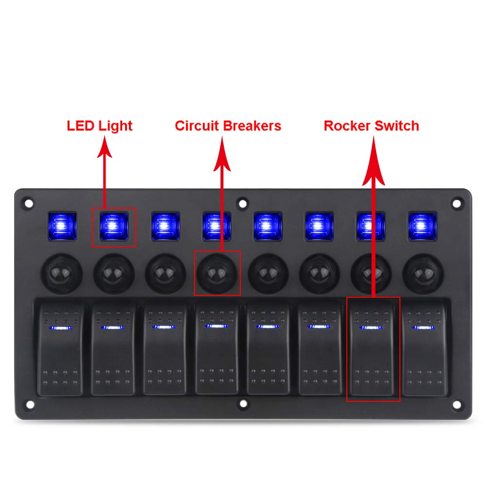 Blue 8 Gang Waterproof Toggle Rocker Switch Panel 12V/24V LED Circuit Breaker Pack of 2 S22436