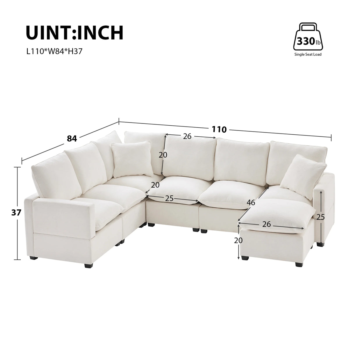 110" 7 Seat Chenille Modular Sectional Sofa Set with 2 Pillows U576157
