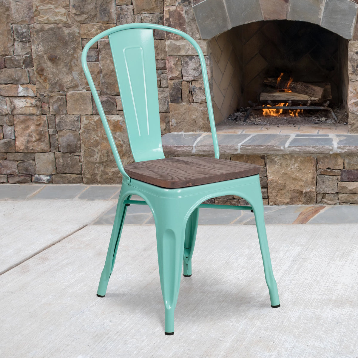 Mint Green Metal Stackable Chair with Wood Seat V504