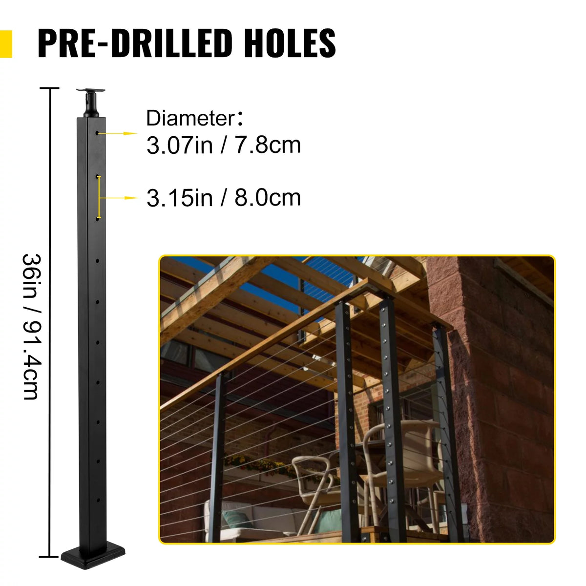 Cable Railing Post 36" Stainless Steel Black B83350